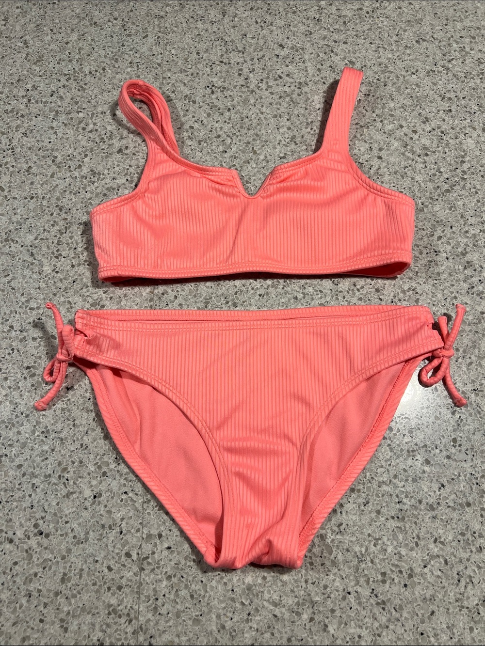 art class Coral Pink Ribbed Girls Bikini Set